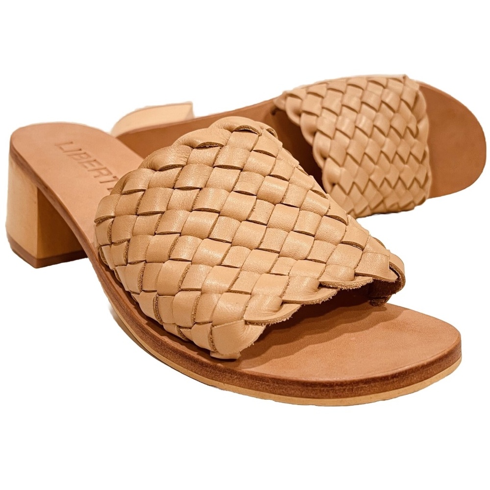 Anthropologie Liberté Santorini Tan Woven Leather Mule Sandal Shoe Heel Like New